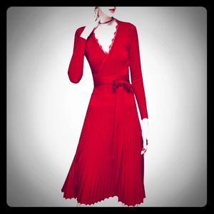 Red Wrap V-neck Knitted Rib Pleated Midi